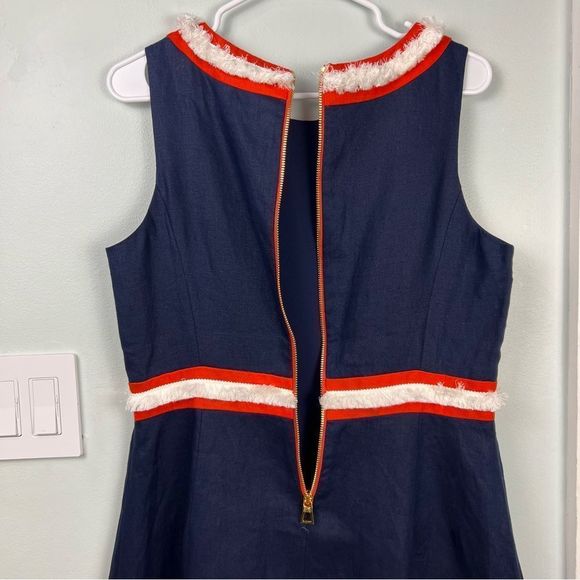 Sail to Sable Raw Trim Details Blue Red Linen Dress Size 10 - Picture 12 of 12